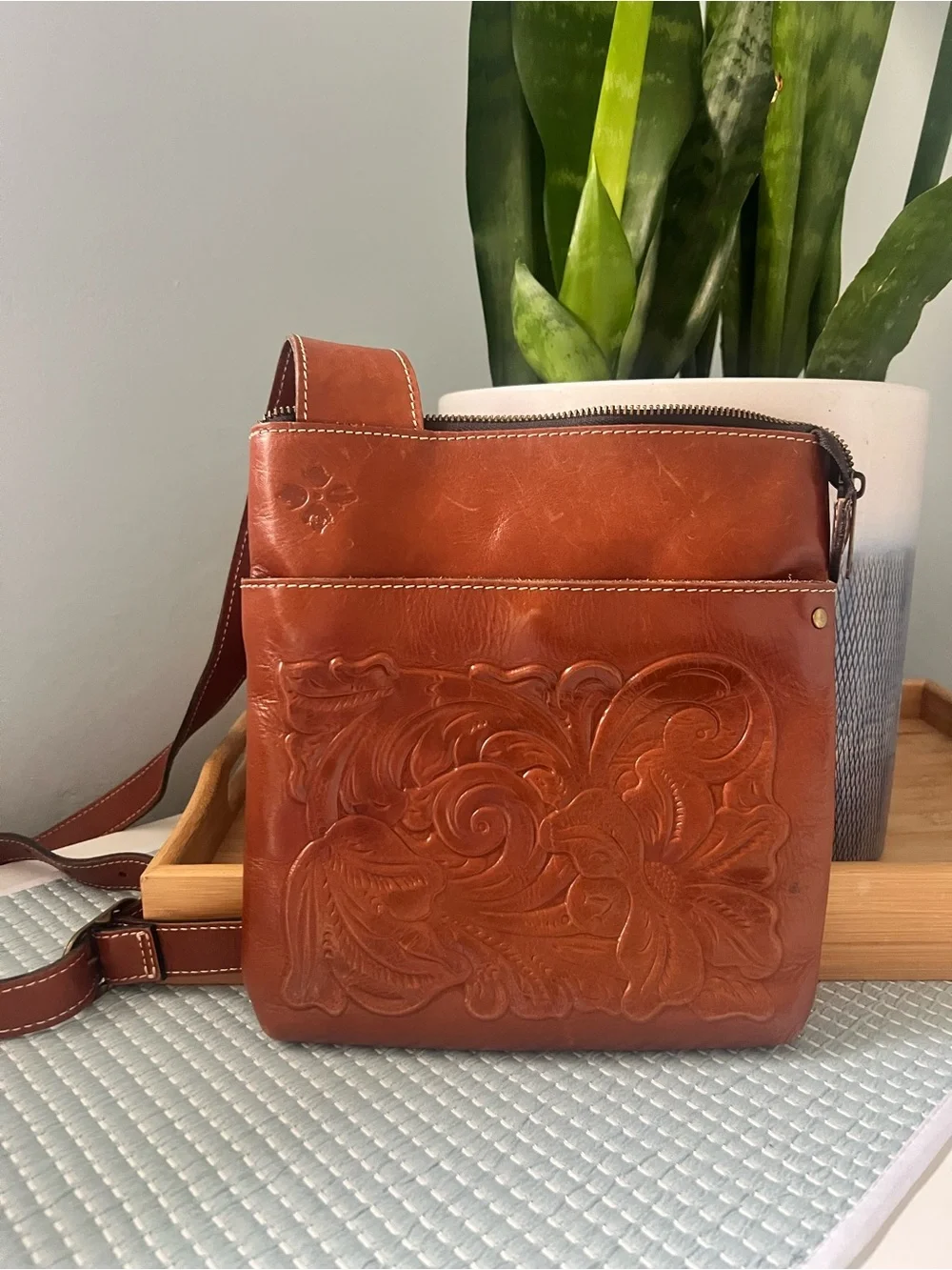 Patricia Nash Tooled Leather Crossbody Bag - Cognac Brown